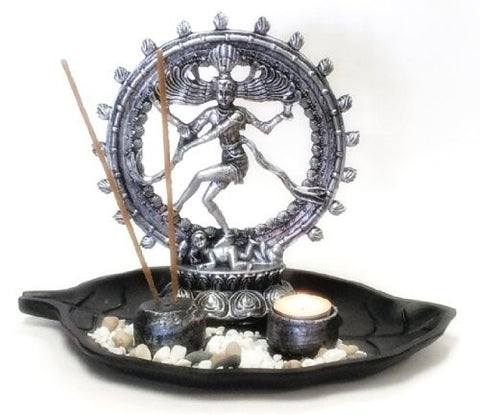 8" Natraj Statue with Incense Burner and Votive T-light Candle Holder and Altar Tray