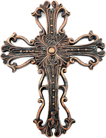 Bellaa 22519 Brown Fleur De Lis Wall Cross Scrolly Ornate Hanging 8" Wholesale Liquidation 32 Pcs. Case