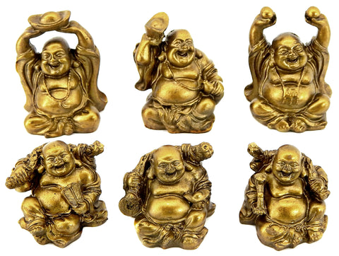 Bellaa 24245 Golden Laughing Buddha Statues Lucky Jolly Hotei Set of 6
