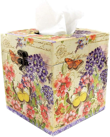 Bellaa 28311 Butterfly Square Tissue Box Holder Cover Paper Napkin Dispenser Home Office Car Top Lid Wooden Hinged Refillable (Mix 28311)