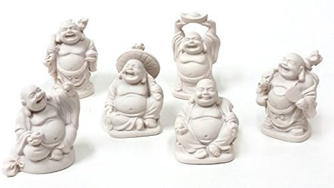 Set of Six White Lucky Jolly Hotei Laughing Buddha Sanctuary Figurine Statues