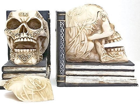 Bellaa Decorative Bookends Skull Decor: Pair of Skull Book Ends with Small Storage Depicting Celtic Knot Design