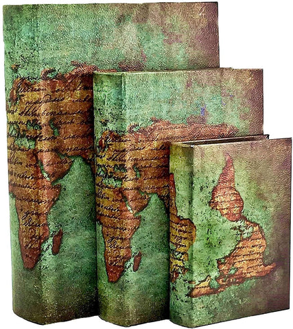 Bellaa 28007 Decorative Book Boxes World Map Pattern Antique Book Invisible Box with Magnetic Cover Faux Wood Set of 3