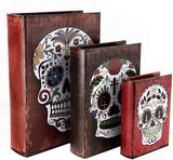 Bellaa 28090 Book Boxes Day of The Dead Sugar Skulls Faux Leather Wood Set of 3