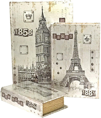 Bellaa 28083 London Paris New York Decorative Book Boxes Antique Invisible Magnetic Cover Set of 3